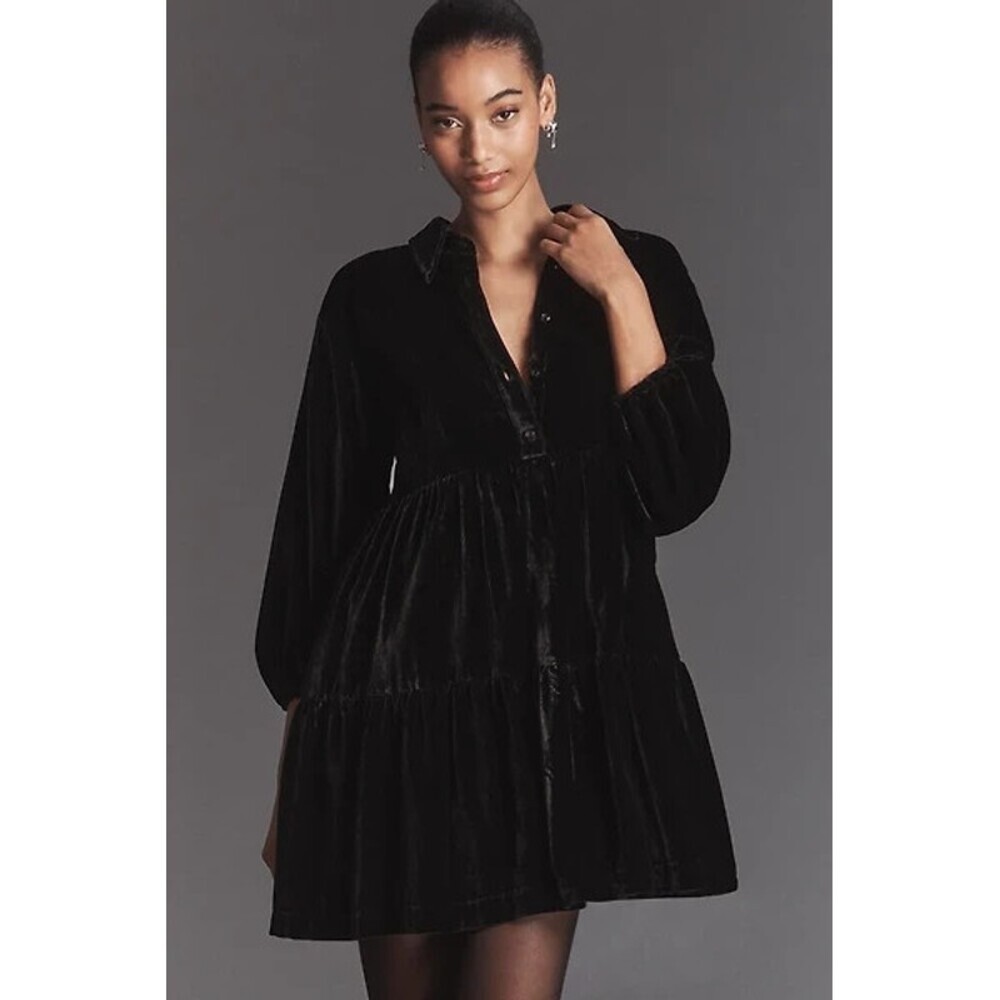 NWT Anthropologie The Bettina Velvet Tiered Mini Shirt Dress by Maeve XS Black